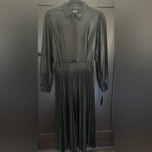 Faux Leather Dress Scoop Pleated Black Snap Down Long Sleeves Zipper Sz XS NWT
